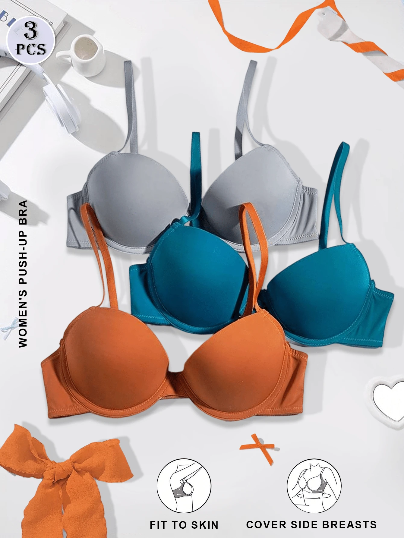 Women's 3pcs Push Up Bra Set - Soft Smooth Fabric Adjustable Strap Full Coverage Bras - Multicolor - View 1