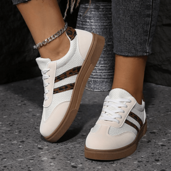 Women's Beige Leopard Striped Casual Sneakers, Retro Style, Suitable For Spring/Autumn, Leopard And Striped Design, Versatile For Daily, Commuting, School, Must-Have For Fashionable Girls