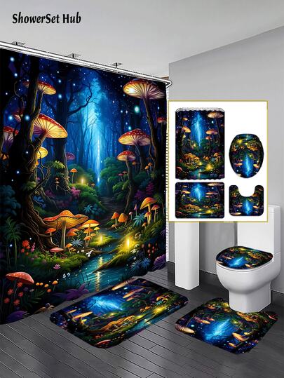 1/3/4pcs Glowing Fungi & Starry Woodland Print Shower Curtain Bathroom Sets,Enchanted Night Forest Mushroom Waterproof And Wear-Resistant Accessories,With 12 Hooks - Includes Toilet Seat Cover, Bath Mats, And Rugs - Plastic Fabric - Washable,Mildew-Resistant - Perfect For Holiday Decor,Home/Bedroom/House/Western/Spring Decor,