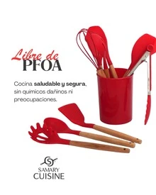 Utensilios de silicona 12 pz CH, silicona a grado gastronómica premium, mango de madera y vaso para guardarlos. incluye cucharon, cuchara, cucharon sopero y cucharon para pasta y escurridor, globo para batir  y  espátula y pinzas, colores rosa y gris - Rojo - Ver 2
