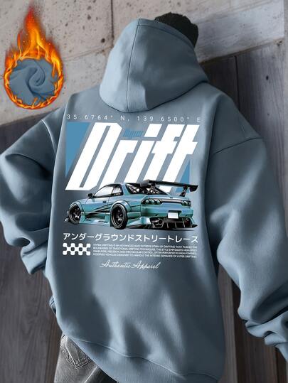 ONE WAVE 男士连帽衫，新款秋冬款，街头漂移赛车印花黑色百搭套头卫衣