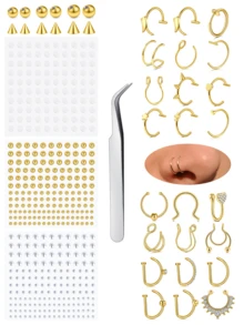 165pcs Non Piercing Fake Nose Lip Sticker Disposable Belly Eyebrow Lip Piercing Jewelry Non Piercied Earring Button Stickers - Face Sticker - View 10