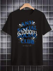 Camiseta 100% algodón para hombres con gráficos que presentan letras en negrita de "Anti Social Club" con fuente gótica desgastada, texto "Sadboy" rodeado de querubines juguetones y un tema de arquería angelical - Negro - Ver 1