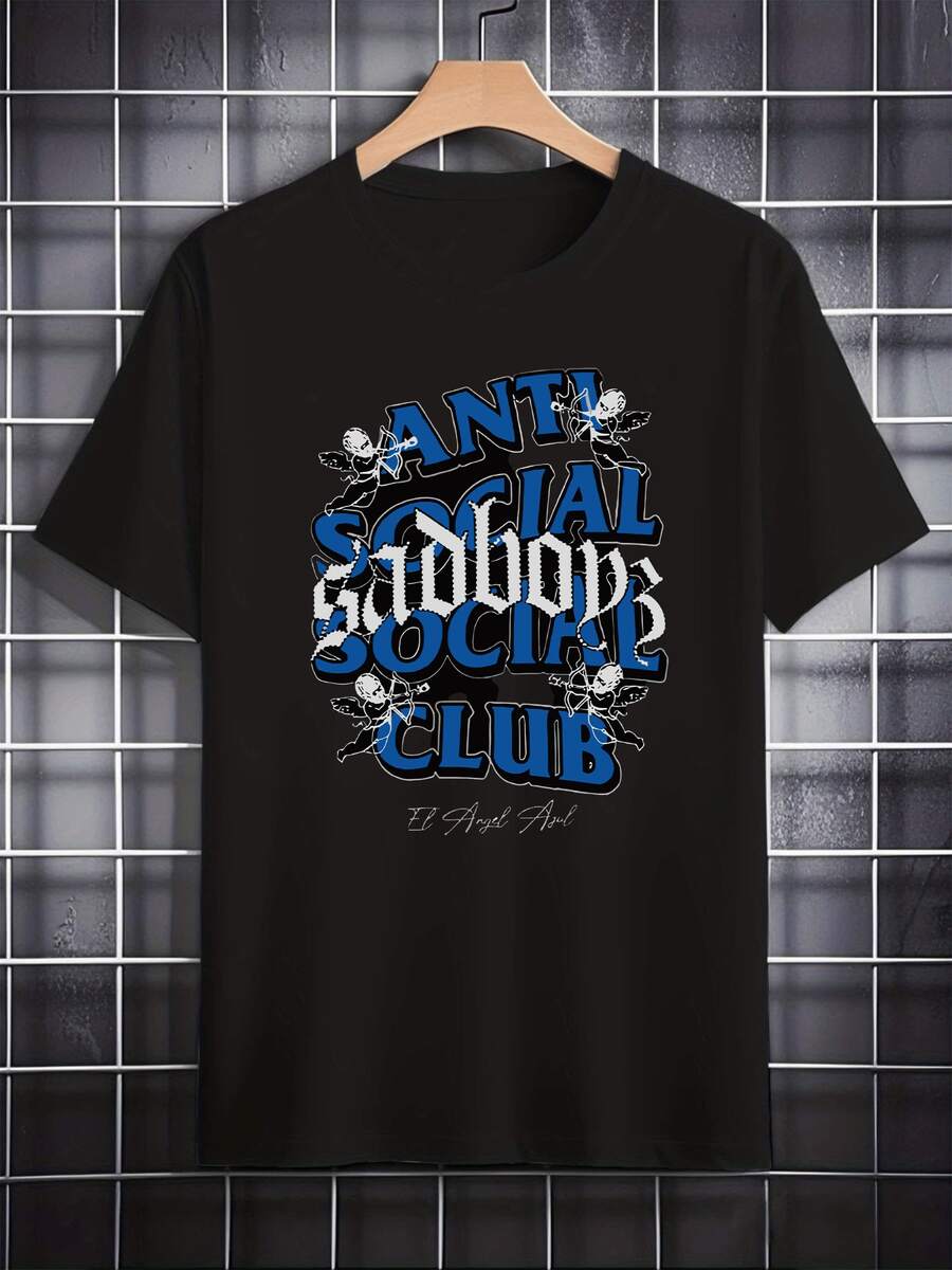Camiseta 100% algodón para hombres con gráficos que presentan letras en negrita de "Anti Social Club" con fuente gótica desgastada, texto "Sadboy" rodeado de querubines juguetones y un tema de arquería angelical - Negro - Ver 1