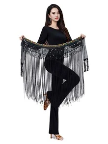 Faja de cadera con flecos largos y ribete de lentejuelas para danza del vientre de mujer, accesorio para actuaciones y práctica (disponible en varios colores) - Multicolor - Ver 3