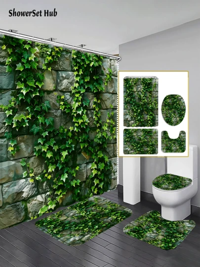 1/3/4pcs Greenery Garden Print Shower Curtain Bathroom Sets, Natural Ivy Stone Wall Waterproof And Wear-Resistant Accessories,With 12 Hooks - Includes Toilet Seat Cover, Bath Mats, And Rugs - Plastic Fabric - Washable,Mildew-Resistant - Perfect For Holiday Decor,Home/Bedroom/House/Western/Spring Decor,