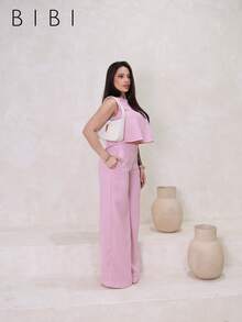 Women's Tailored Formal Suit: Wide-Leg Trousers And Linen Cropped Blouse - 淺粉色 - 查看 3