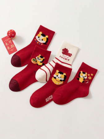 5 Pairs New Year Red Celebratory Creative Cartoon Cute Pony Money Flower Mid-Calf Children Socks