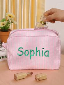 Custom Embroidery Name Makeup Bag, Personalized Bridesmaid Makeup Bag, Seersucker Cosmetic Bag, Large Capacity Cosmetic Bag, Striped Makeup Bag, Cosmetic Bags For Women, Customized Travel Cosmetic Bag, Customizable Toiletry Bag, Bridesmaid Gifts, Portable, Bedroom, Living Room, Valentine'S Day, Weddings, Family, Bride, Groom - Multicolor - View 6