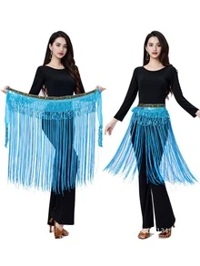 Faja de cadera con flecos largos y ribete de lentejuelas para danza del vientre de mujer, accesorio para actuaciones y práctica (disponible en varios colores) - Multicolor - Ver 18
