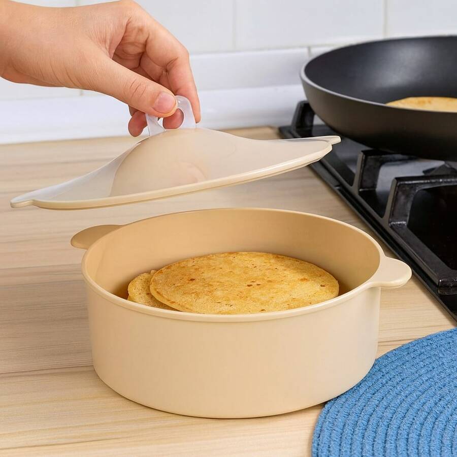 Tortillero de plástico beige con tapa, capacidad 1kilo, tortillero para mesa, fiestas - Beis - Ver 1