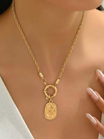 Collar de mujer de acero inoxidable, collar vintage con tono dorado | Colgante ovalado con relieve de rosa dorada + detalle de cierre de anillo redondo, adecuado para citas/fiestas como regalo de lujo