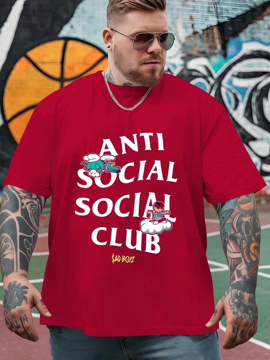 Flying Dragon With Wings And Cartoon Boy Sitting On Clouds Expressing Anti Social Club Theme Graphic Men's 100% Cotton Tshirt - Đỏ - Xem 1