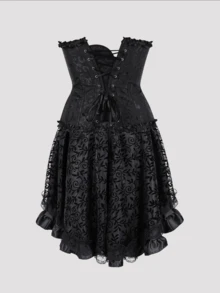 Jutrisujo Corset Dress And Skirt Set 2-Piece Style Plus Size Bustier Gothic Brocade Lace Costume Renaissance Halloween - 819black+7056black - 查看 2