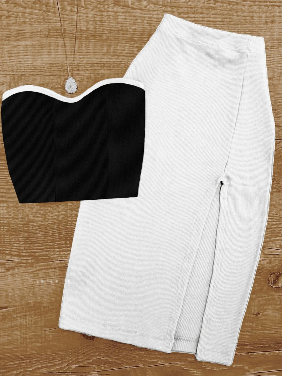 1 Set Summer Sexy Fitted Strapless Top & Bodycon Skirt Suit, Knit Fabric 180G - Black and White - View 1
