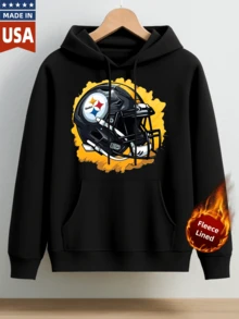 Men's Cotton Hoodie With Fleece Lined Warm Sweatshirt For Autumn Winter Sport Casual Wear - Pittsburgh Steelers Football Helmet Graphic Print Design - Cozy Comfortable Unisex Hooded Pullover Perfect For Everyday Use Outdoor Activities And Team Spirit Showcasing - 黑色 - 查看 1