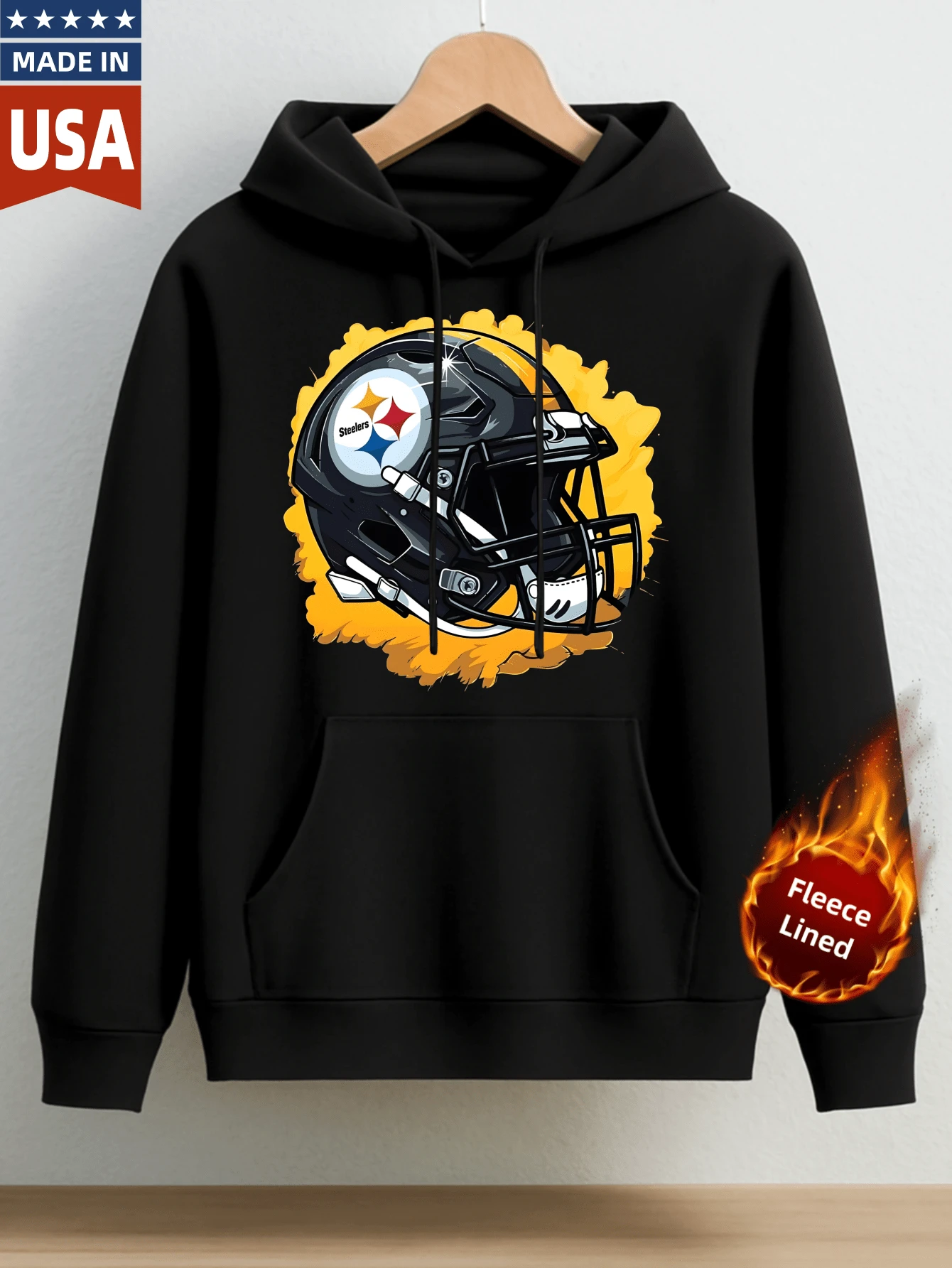 Men's Cotton Hoodie With Fleece Lined Warm Sweatshirt For Autumn Winter Sport Casual Wear - Pittsburgh Steelers Football Helmet Graphic Print Design - Cozy Comfortable Unisex Hooded Pullover Perfect For Everyday Use Outdoor Activities And Team Spirit Showcasing - 黑色 - 查看 1
