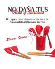 Utensilios de silicona 12 pz CH, silicona a grado gastronómica premium, mango de madera y vaso para guardarlos. incluye cucharon, cuchara, cucharon sopero y cucharon para pasta y escurridor, globo para batir  y  espátula y pinzas, colores rosa y gris - Rojo - Ver 4