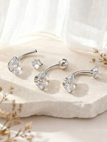 3pcs/Set Minimalist Round Heart Stainless Steel Navel Rings, Suitable For Women, Ideal For Valentine's Day, Thanksgiving, Christmas, Birthday Party, Bar, Swimming, Body Jewelry