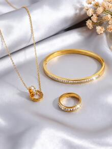 VceTd 1 Set Classic Double Circle Roman Numeral Pendant Jewelry Set, Exquisitely Embedded Glass Decor Stainless Steel Necklace/Bracelet/Ring Set, Suitable For Women's Daily, Commute, Party, Gala, Wedding, Elegant Holiday Gift