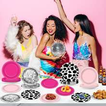 48Pcs Western Cowgirl Party Paper Plates For Cow Print Themed Party Supplies 7" Hot Pink Disco Ball Disposable Dessert Plates For Cowgirl Birthday Bachelorette 80s 90s Disco Shower Party Decorations - 彩色 - 查看 7
