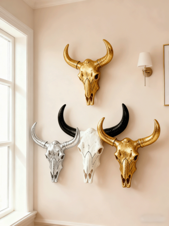 1 pieza Decoración colgante de pared con calavera de animal de cultura vikinga nórdica, superficie con lámina de oro y plata de resina, escultura animal, decoración para estantería y hogar, decoración de personalidad para bar, restaurante y fiesta, decoración de pared, decoración del hogar, decoración de habitación