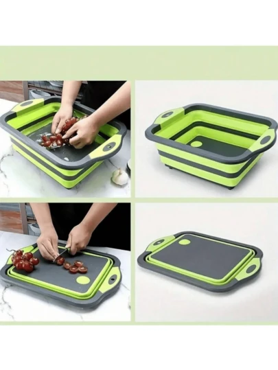 Tabla de cortar plegable multifuncional portátil, tabla para verduras, cuenca para lavar frutas y verduras, estante de almacenamiento para fregadero de cocina con filtro incorporado para frutas y verduras y base antideslizante, se puede colgar para almacenar