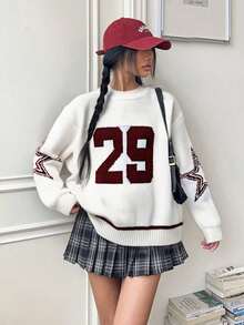 1件少女休闲校园街头风针织毛衣，适合秋冬季穿着 - 白色 - 查看 1