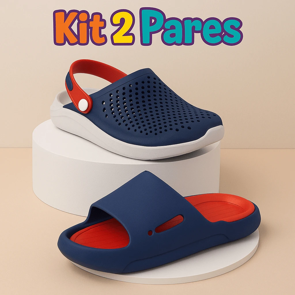 Kit 2 Pares Chinelo Slide e Babuche Infantil Masculino Macio Confortável - Azul - Visão 1