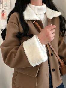 Women's Elegant Casual Wool Blend Jacket With Faux Fur Collar, Button Front Pockets, Long Sleeve Short Coat, Versatile Autumn/Winter Jacket - Khaki - View 5