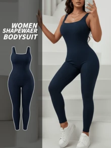 Plus Size Women Seamless Tummy Control Lifting Arm Jumpsuit Shapewear, Casual Yoga Outfit For Outdoor Wear