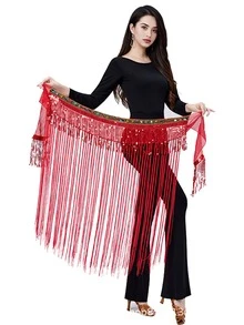 Faja de cadera con flecos largos y ribete de lentejuelas para danza del vientre de mujer, accesorio para actuaciones y práctica (disponible en varios colores) - Multicolor - Ver 14