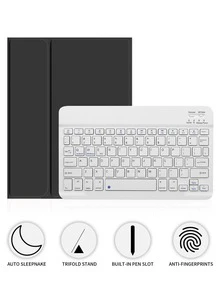 【无线键盘保护套】这款无线蓝牙键盘保护套兼容 iPad Air 1/Air 2/Air 3/Air 4/Air 5/6、iPad 5/6/7/8/9/10/11 代、iPad Pro 12.9 英寸（2020/2021/2022 款）、iPad Pro 11 英寸（2018/2020/2021/2022 款），以及 Galaxy Tab 和 Redmi Pad SE。它采用柔软的 TPU 背壳、磁吸式可拆卸设计，并设有手写笔插槽。