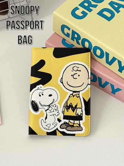 Peanuts Snoopy & Charlie Brown Passport Holder (Yellow Print) - Kawaii Cartoon Leather Card Wallet, Travel Document Organizer for Passport/ID/Cards, Stylish Slim Case for Travelers & Teens, Ideal for Vacation/Commute & Gift, Pean
