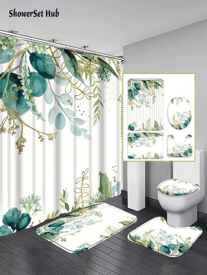 1/3/4pcs Gold Accent Print Shower Curtain Bathroom Sets,Green Plant Print Print Waterproof And Wear-Resistant Accessories,With 12 Hooks - Includes Toilet Seat Cover, Bath Mats, And Rugs - Plastic Fabric - Washable,Mildew-Resistant - Perfect For Holiday Decor,Home/Bedroom/House/Western/Spring Decor,