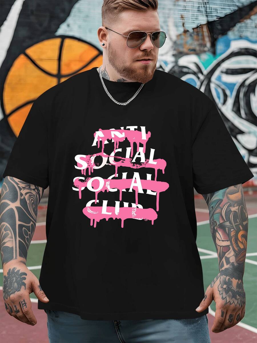 Pink Dripping Paint Overlaying Bold White Anti Social Club Text Symbolizing Rebellious Individuality And Urban Street Culture Men's 100% Cotton Tshirt - 黑色 - 查看 1