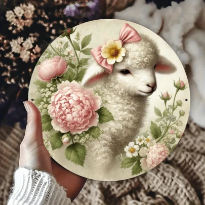 8x8 Inch Round Vintage Easter Lamb Metal Sign With Pink Flowers And Green Leaves - Farmhouse Home, Cafe, Bar, Porch Decor - Perfect Gift For Friends, Family, Girlfriend, Brother, 2D, Great For Room Decor, Pre-Drilled Holes, Style As Shown In Size Image