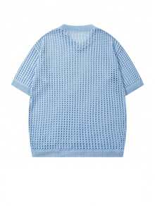 Unisex Casual Loose Fit Solid Blue Hollow V-Neck Short Sleeve Knit Top, Comfortable Spring/Summer - Blue - View 3