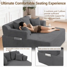 Bosmiller 58" Chaise Lounge Chair Indoor, Oversized Corduroy Boneless Sleeper Sofa Bed With Armrests & 4 Pillows, No Assembly For Living Room, Grey - Xám - Xem 3