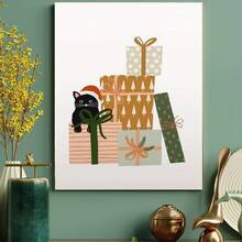 Framed 1pc Contemporary Minimalist Black & White Cat With Christmas Gifts Canvas Wall Art Print - Beige & Brown Muted Tones, Framed Poster For Living Room, Bedroom, Kitchen, Office - Cozy Winter Home Decor, Holiday Party Decoration, Perfect Gift For Christmas, New Year, Fall & Winter - Đóng khung - Xem 1