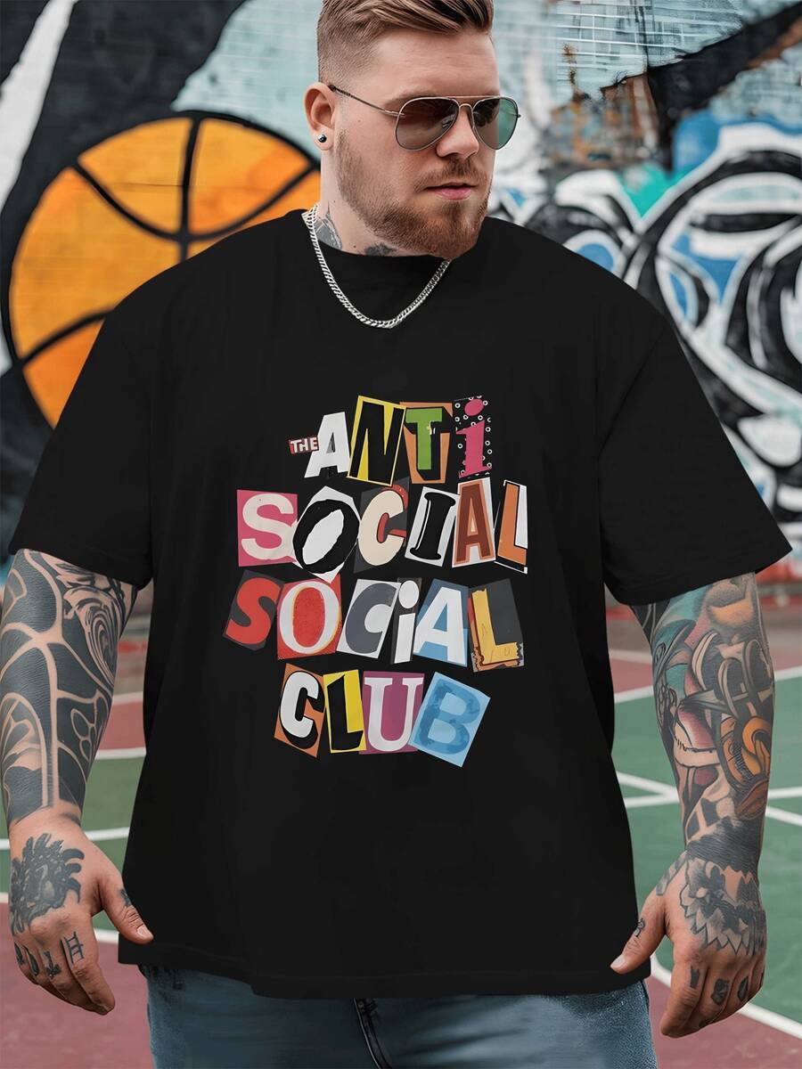 Cutout Collage Text Graphic Expressing An Anti Social Club Vibe With Playful Mismatched Letters On A Bold 100% Cotton Men's Tshirt - màu đen - Xem 1