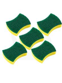 1/5pcs Kitchen Cleaning Sponge, Yellow Sponge (Water Absorption, Flexible Cleaning), One Side Is Green Fiber Layer (Decontamination, Wear Resistance), The Figure Shows The Wavy Style (More Suitable For The Radian Of Tableware). - Multicolor - View 9