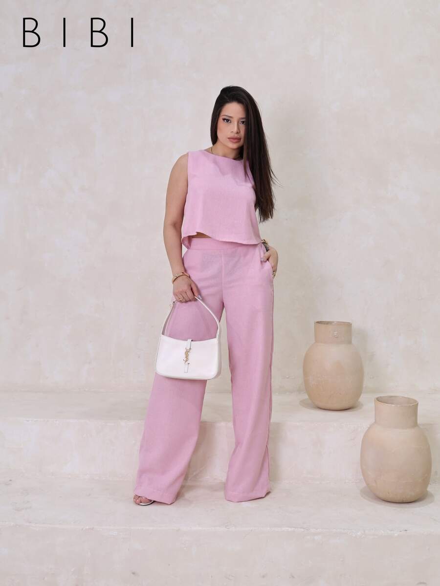 Women's Tailored Formal Suit: Wide-Leg Trousers And Linen Cropped Blouse - 淺粉色 - 查看 1