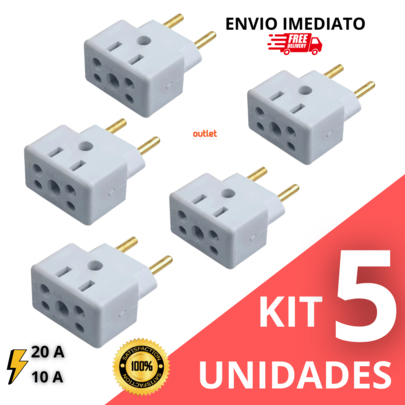 Adaptador de Tomada Kit C/5 Benjamin 10A/20A Pino Maciço Bob Resistente SECADOR Ferro e Air Fryer Universal