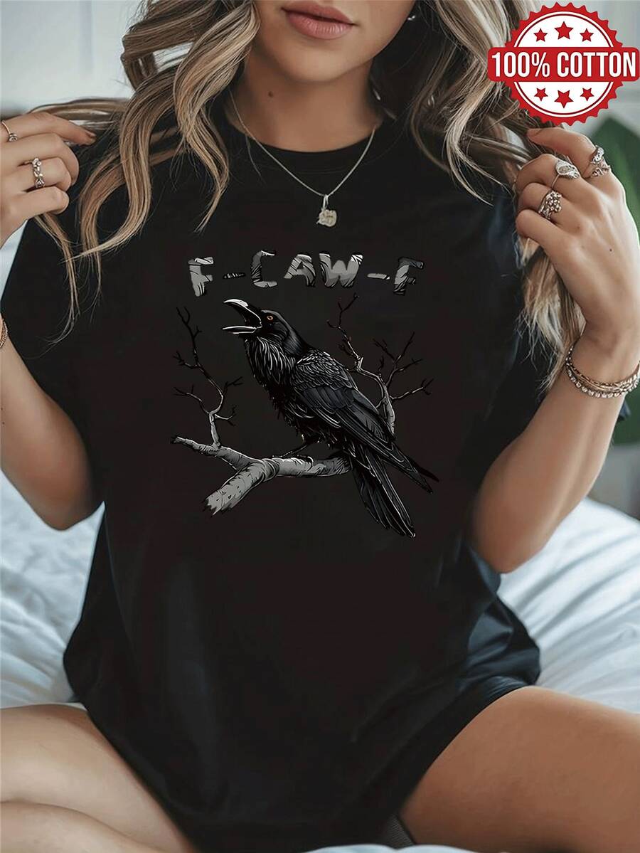 1PC 100% Cotton Raven Crow Bird Print Women's Crewneck Tshirt , Daily Outfit, Perfect Holiday Gift, Birthday Present, Great For Halloween ,Daily Wear. - Black - View 1