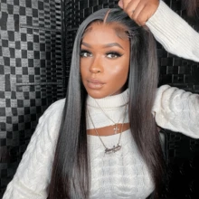 5*5 Put On And Go Glueless HD Lace And 13*4 HD Lace Front Wig Blended Human Hair Black Wig - 200% Density Natural Color Straight Hair - Pre-Plucked Hairline And Baby Hairs - Ready To Wear Instantly Without Glue - Multiple Sizes Perfect For Women - Natural Black - 查看 2