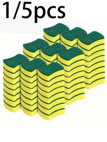 1/5pcs Kitchen Cleaning Sponge, Yellow Sponge (Water Absorption, Flexible Cleaning), One Side Is Green Fiber Layer (Decontamination, Wear Resistance), The Figure Shows The Wavy Style (More Suitable For The Radian Of Tableware). - Multicolor - View 1