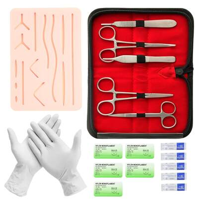 Vmingo 18pzs Estuche Pad Práctica Sutura Estudiante Herramienta Quirurgica Kit Profesional Instrumentos Entrenamiento Material Quirúrgico Pad Silicona Hilos Sutura Medicina Cuchillas Guantes Latex