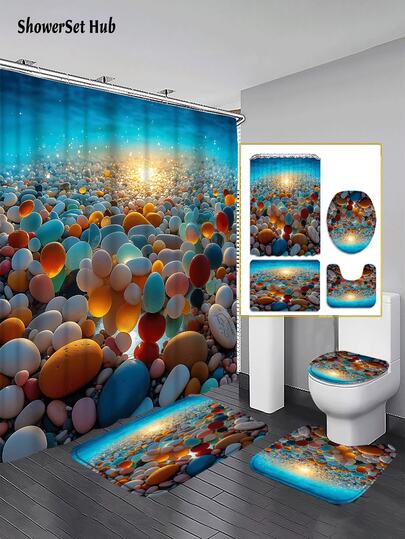 1/3/4pcs Dreamy Light Spot Colorful Pebble Shower Curtain Bathroom Sets, Waterproof And Wear-Resistant Accessories,With 12 Hooks - Includes Toilet Seat Cover, Bath Mats, And Rugs - Plastic Fabric - Washable,Mildew-Resistant - Perfect For Holiday Decor,Home/Bedroom/House/Western/Spring Decor,