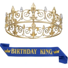 國王皇冠與生日肩帶，男士國王皇冠，金色男士王子頭飾，皇家中世紀角色扮演生日派對萬聖節髮飾，適用於21、30、40、50、60、70和80歲男士派對裝飾禮物 - 彩色 - 查看 6